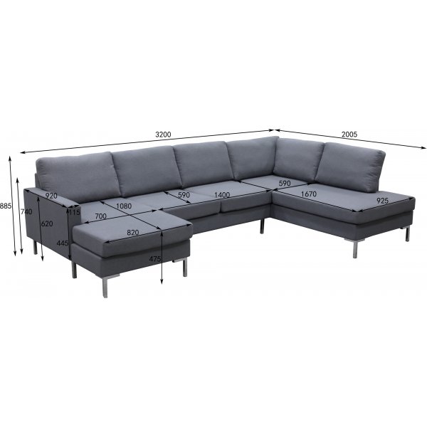 Nova gr� U-formet sofa med metallben - D2A