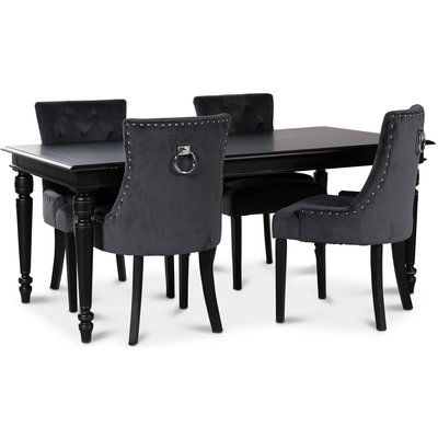 Paris spisegruppe sort bord med 4 Tuva stoler i grå fløyel med rygghåndtak