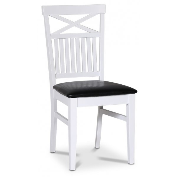 Fårö spisegruppe; spisebord 180x90 cm - Hvit / oljet eik med 6 Fårö spisestoler med kryss i ryggen, sete i svart PU + 6.00 x Stolpute Fårö spisegruppe; spisebord 180x90 cm - Hvit / oljet eik med 6 Fårö spisestoler med kryss i ryggen, sete i svart PU + 6.00 x Stolpute