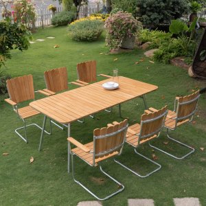 Möllan utegruppe i teak: 6 lenestoler med spisebord 176x90 cm Möllan utegruppe i teak: 6 lenestoler med spisebord 176x90 cm