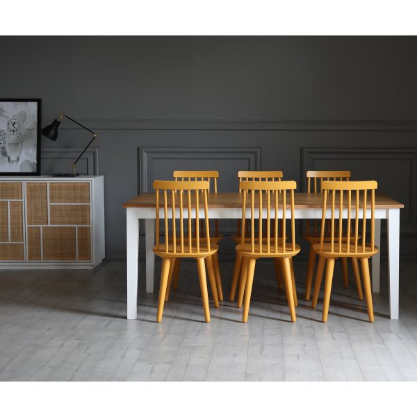 Dalsland spisegruppe: Spisebord i Eik/Hvit med 6 gule stokkstoler