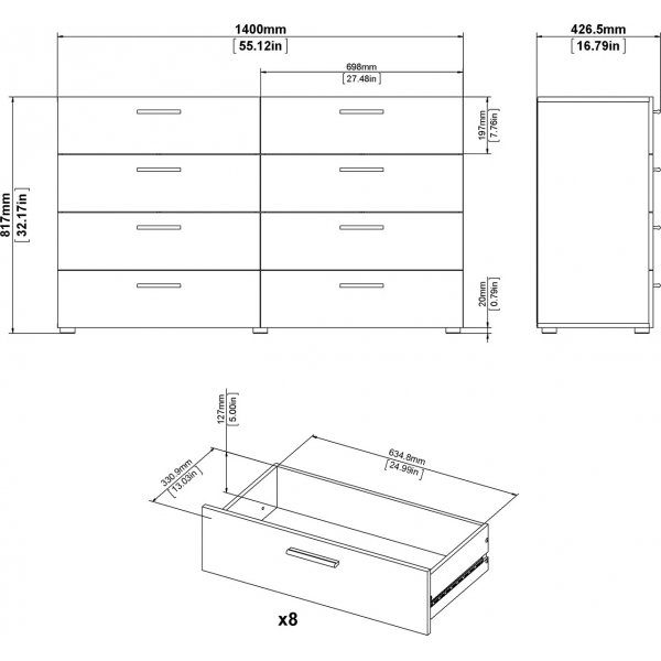 Kommode i valnøtt med 8 skuffer, 140 cm bred + Møbelføtter Kommode i valnøtt med 8 skuffer, 140 cm bred + Møbelføtter