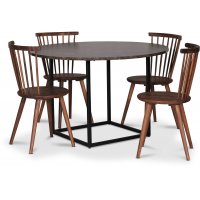 Sintorp spisegruppe, rundt spisebord Ø115 cm inkludert 4 stk. Castor pinnestoler i valnøtt – Brun marmor (Laminat)