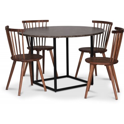 Sintorp spisegruppe, rundt spisebord Ø115 cm inkludert 4 stk. Castor pinnestoler i valnøtt – Brun marmor (Laminat) + Møbelpleiesett for tekstiler