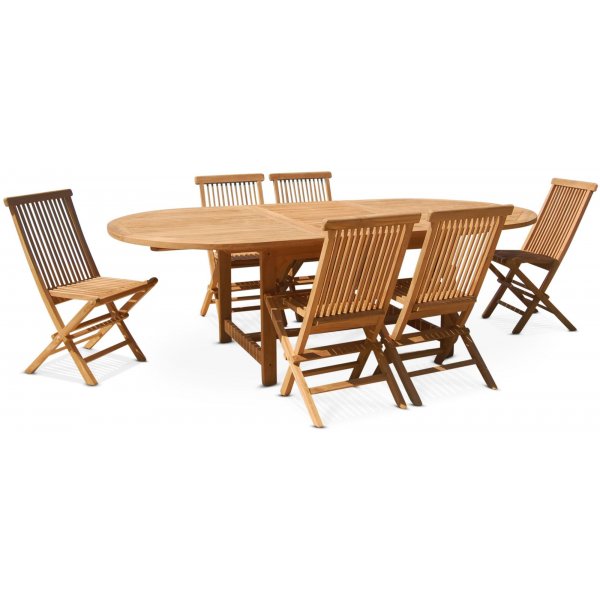 Edenryd spisegruppe, ovalt spisebord med sommerfuglfunksjon, 180-240 cm inkl. 6 Edenryd-stoler - Teak
