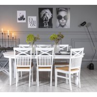 Gåsö spisegruppe: Bord 160/210 cm inkludert 6 Fårö stoler med kryss - Hvit/Eik Gåsö spisegruppe: Bord 160/210 cm inkludert 6 Fårö stoler med kryss - Hvit/Eik