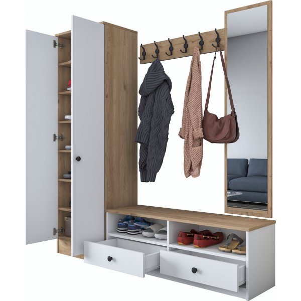 Mendy hallmøbler med speil - Hvit/valnøtt Mendy hallmøbler med speil - Hvit/valnøtt