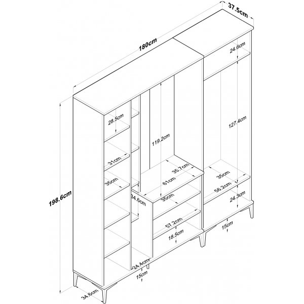 Esa hallmøbler 180 x 37,5 x 198,6 cm Variant A - Valnøtt/hvit Esa hallmøbler 180 x 37,5 x 198,6 cm Variant A - Valnøtt/hvit
