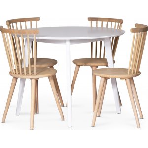 Sandhamn spisegruppe; rundt spisebord med 4 Castor spisestoler i whitewash + 3.00 x M�belf�tter