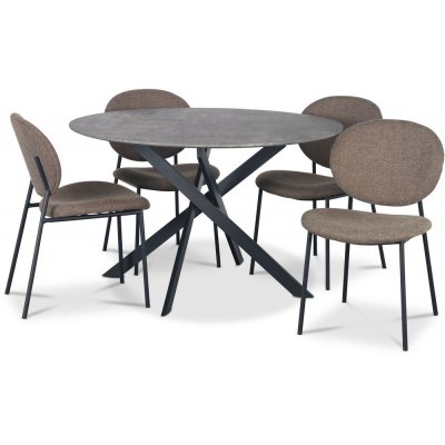 Hogrän spisegruppe Ø120 cm bord i betongimitasjon + 4 stk Tofta brune stoler