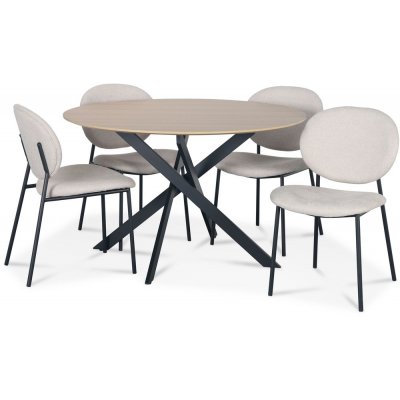 Hogrän spisegruppe Ø120 cm bord i lyst tre + 4 stk Tofta beige stoler