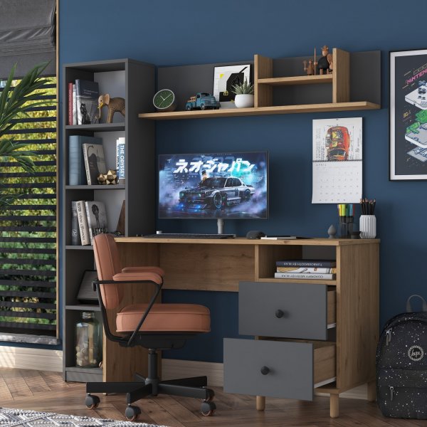 Hanna skrivebord med hyllesystem 15, 120 x 50 cm - Valnøtt/antrasitt Hanna skrivebord med hyllesystem 15, 120 x 50 cm - Valnøtt/antrasitt