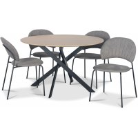 Hogrän spisegruppe Ø120 cm bord i lyst tre + 4 stk Hogrän grå stoler Hogrän spisegruppe Ø120 cm bord i lyst tre + 4 stk Hogrän grå stoler
