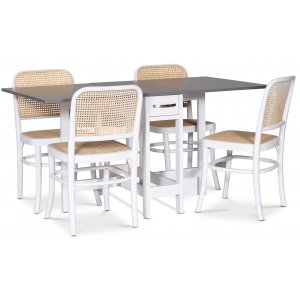 Fr spisegruppe; Fr klaffbord i hvit/gr med 4 Tyko spisestoler