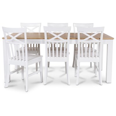 Dalarös spisegruppe 180 cm bord hvit/eik + 6 st Mellby spisestoler