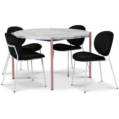Asp spisegruppe 120 cm inkl. 4 stk. Rondo stoler i flyel - Lys marmor / rosa