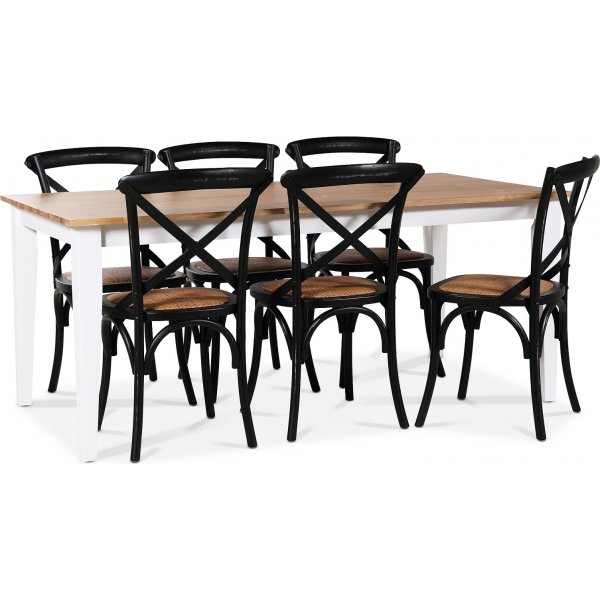 Dalars spisegruppe 180 cm bord hvit/eik + 6 st svarte Gaston spisestoler + 4.00 x Mbelftter