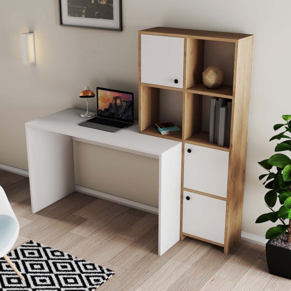 Silence skrivebord 156,8 x 51,5 cm, høyre - Hvit/eik Silence skrivebord 156,8 x 51,5 cm, høyre - Hvit/eik