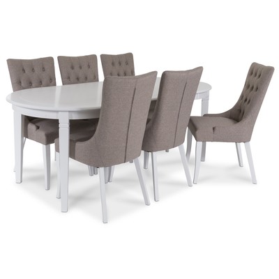 Sandhamn Spisegruppe ovalt bord med 6 Saga stoler i Beige stoff