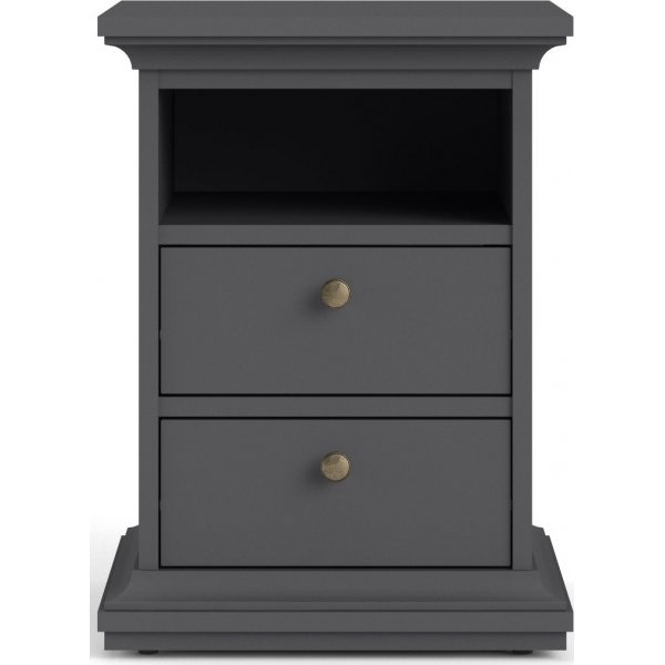 Paris smalt nattbord med 2 skuffer og 1 åpent rom - Grå Paris smalt nattbord med 2 skuffer og 1 åpent rom - Grå