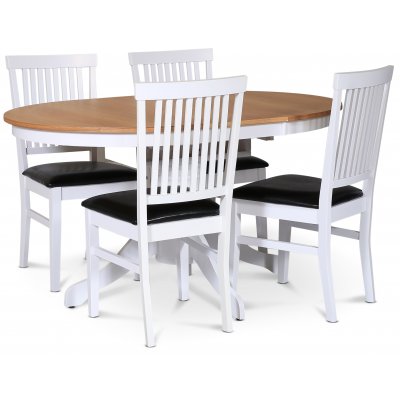 Fitchburg spisegruppe; rundt spisebord 106 /141 cm - Hvit / oljet eik med 4 stk Fårö stoler med sete i svart PU