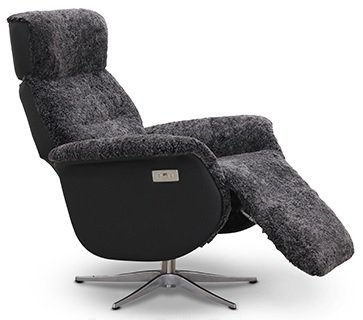 Duvn�s recliner med innebygget fotskammel (El) - Gr�tt f�reskinn