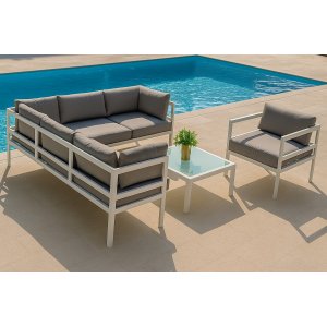 Utendørsgruppe med bord og hjørnesofa i hvit aluminium Utendørsgruppe med bord og hjørnesofa i hvit aluminium