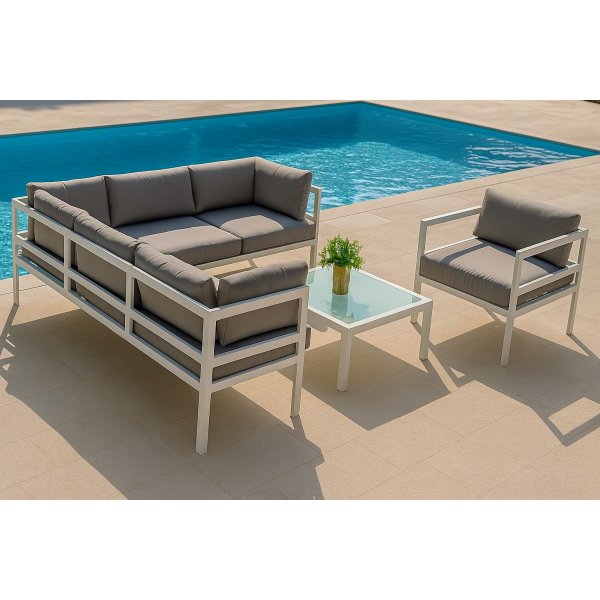 Utendrsgruppe med bord og hjrnesofa i hvit aluminium
