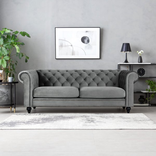 Chesterfield Royal 3-seters sofa - Grå fløyel Chesterfield Royal 3-seters sofa - Grå fløyel