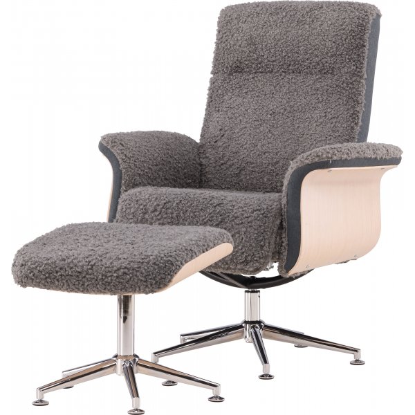 Lenestol med fotskammel - Grå saueskinnsimitasjon/hvitkalket eik Lenestol med fotskammel - Grå saueskinnsimitasjon/hvitkalket eik