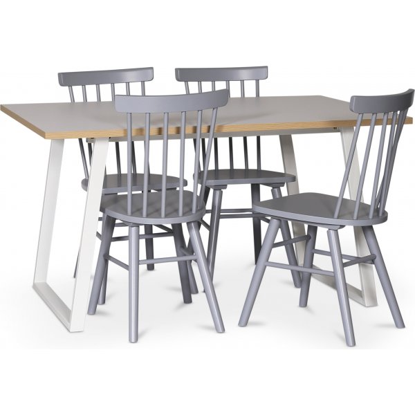 Edge spisegruppe; Spisebord i hvit HPL 140x90 cm med 4 gr Orust stokkstoler