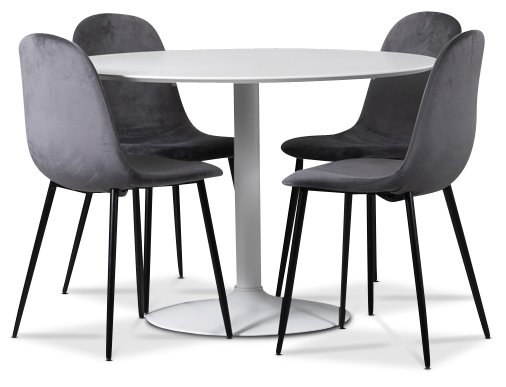 Seat spisegruppe, rundt spisebord med 4 stk Carisma fløyelsstoler - Hvit/Grå Seat spisegruppe, rundt spisebord med 4 stk Carisma fløyelsstoler - Hvit/Grå