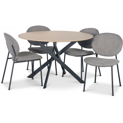 Hogrän spisegruppe Ø120 cm bord i lyst tre + 4 stk Tofta grå stoler