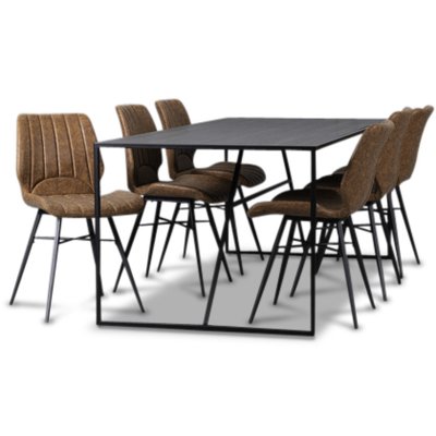 Lazio spisegruppe 195 cm bord med 6 st Unique stoler - Svart/Brun