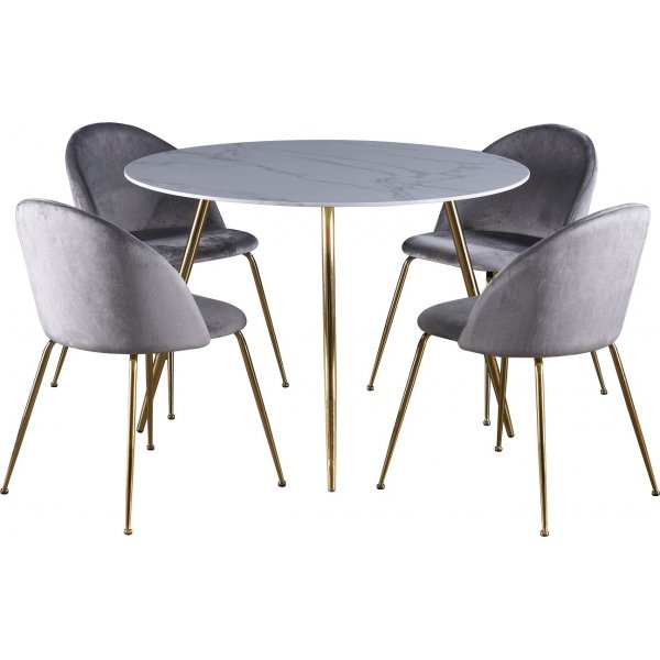Deco spisegruppe 110 cm rundt bord + 4 stk Art stoler gr flyel / Messing