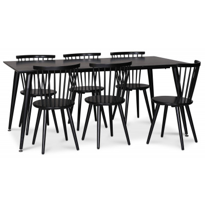 Dipp spisegruppe; spisebord,180x90 cm med 6 svarte Castor pinnestoler + Flekkfjerner for mbler