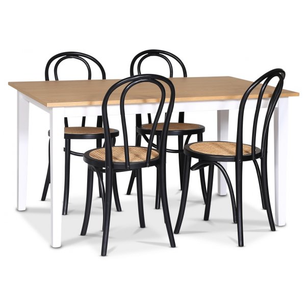 Fr spisegruppe; spisebord 140x90 cm - Hvit / oljet eik med 4 stk Danderyd No.18 stoler Svart