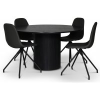 spisegruppe i Nordansjöen; rundt spisebord Ø130 cm, svartbeiset eik + 4 stk Bridge spisestoler svingbare, Svart PU spisegruppe i Nordansjöen; rundt spisebord Ø130 cm, svartbeiset eik + 4 stk Bridge spisestoler svingbare, Svart PU