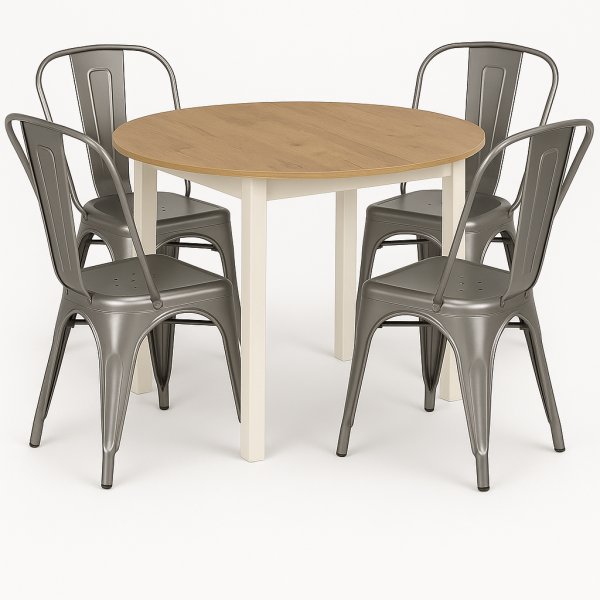 Spisegruppe Berivan 102-142 cm eik/hvit med 4 Industry-stoler i brstet stl
