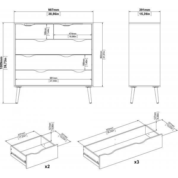 Oslo kommode med 5 skuffer - Hvit/eik Oslo kommode med 5 skuffer - Hvit/eik
