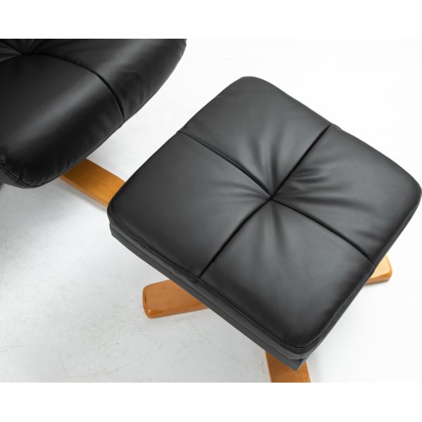 Duva hvilestol med fotskammel i sort PU med brune ben