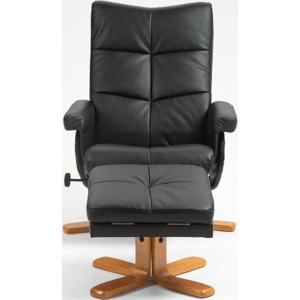 Duva hvilestol med fotskammel i sort PU med brune ben