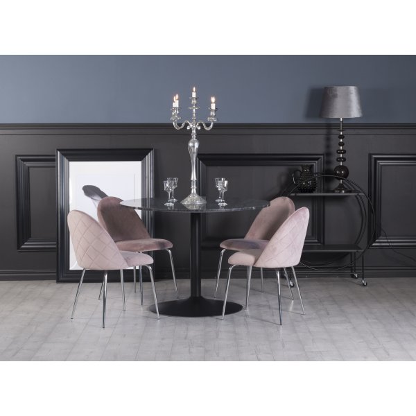 Plaza spisegruppe, marmorbord med 4 st Plaza flyelstoler - Rosa/Gr/Svart