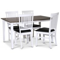 Skagen spisegruppe; klassisk spisebord 140x90 cm - Hvit / brunoljet eik med 4 Fårö stoler (Ribber i ryggen) med svart PU-sete Skagen spisegruppe; klassisk spisebord 140x90 cm - Hvit / brunoljet eik med 4 Fårö stoler (Ribber i ryggen) med svart PU-sete