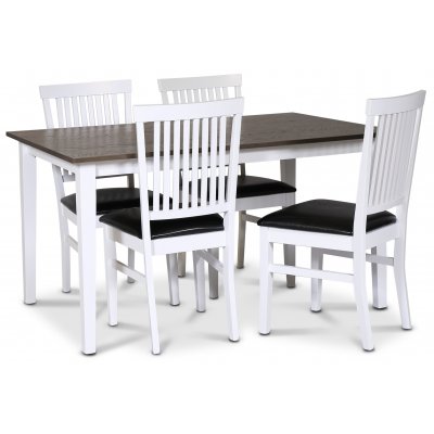 Skagen spisegruppe; klassisk spisebord 140x90 cm - Hvit / brunoljet eik med 4 Fr stoler (Ribber i ryggen) med svart PU-sete