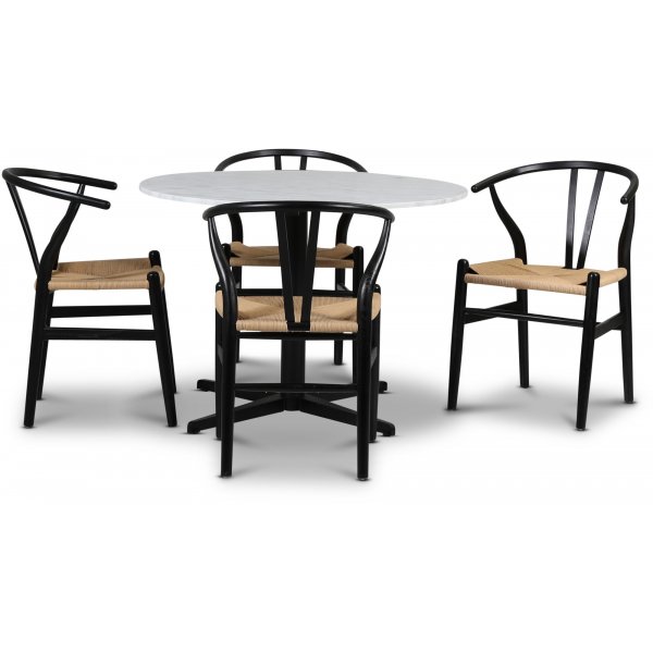 SOHO spisegruppe 105 cm inkl. 4 stk Brandon lenestoler - Matt svart tverrfot / Lys marmor