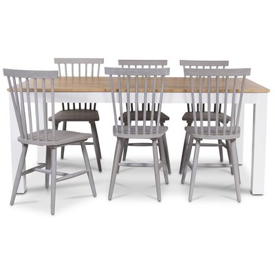 Dalar spisegruppe med knytestoler - 180 cm bord hvit/eik med 6 stk gr knekkestoler