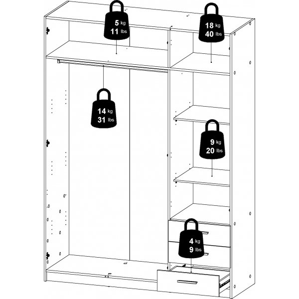 Sprint garderobe med 3 d�rer og 3 skuffer - Hickory
