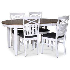 Skagen spisegruppe; spisebord 160/210x90 cm - Hvit / brunoljet eik med 4 Skagenstoler med kryss, grtt stoff