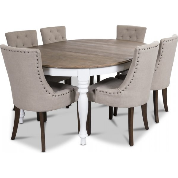 New England spisegruppe inkludert 6 stk Tuva spisetoler i beige stoff